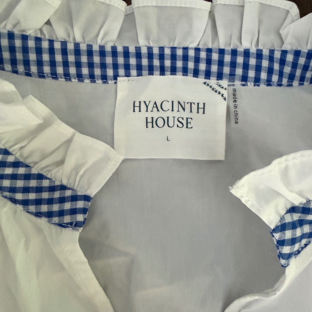 Hyacinth House Tuckernuck White Gingham Ruffle Poplin Blouse Blue Trim Large NEW - Picture 4 of 8
